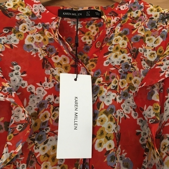KAREN MILLEN Red Floral Ruffle Dress Size 6 - Picture 7 of 12